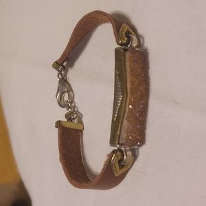 Silpada Sterling 925 silver Gold Brass Druzy Blush Brown Leather Bracelet
